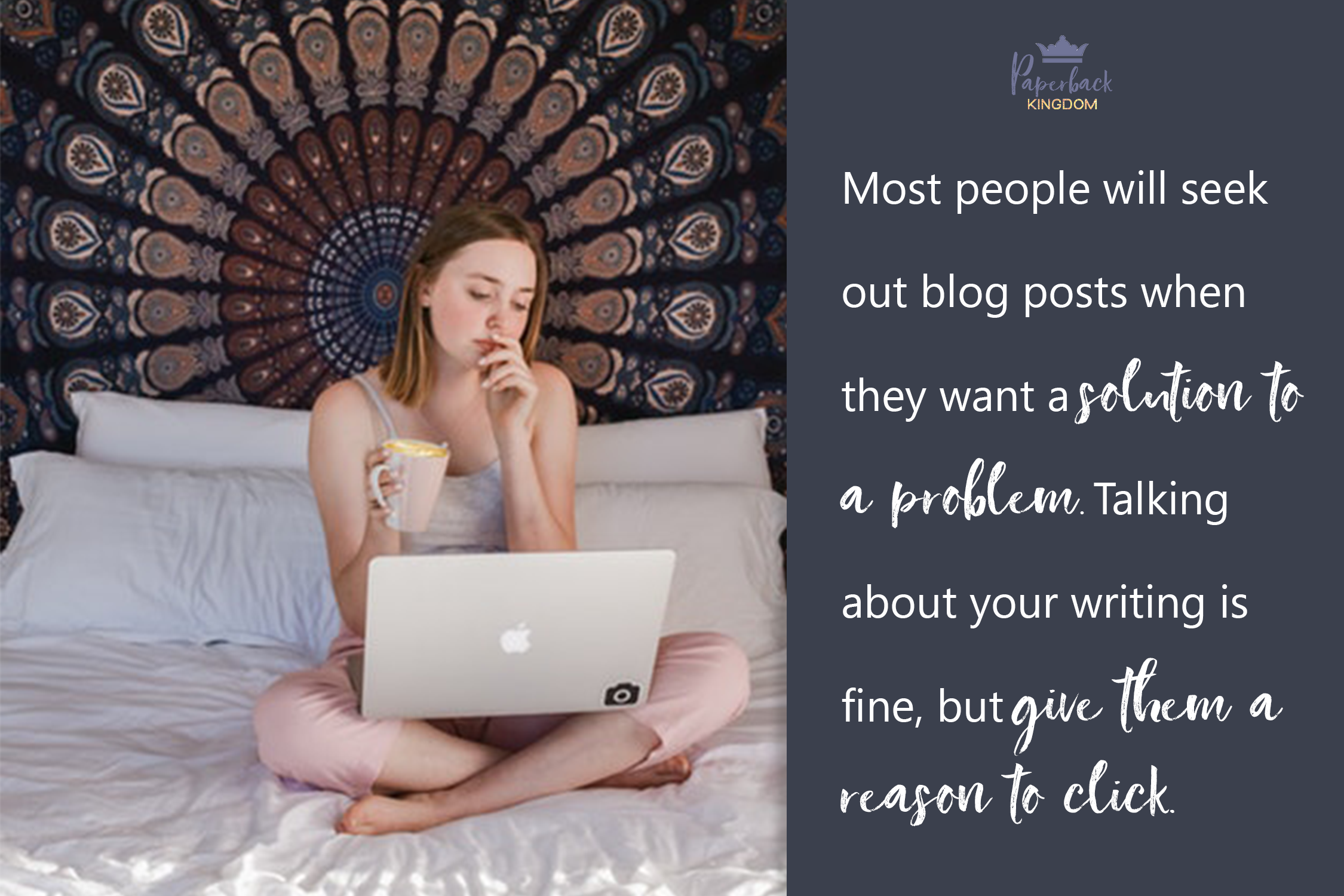 Most people will seek out blog posts when they want a solution to a problem. Talking about your writing is fine, but give them a reason to click.